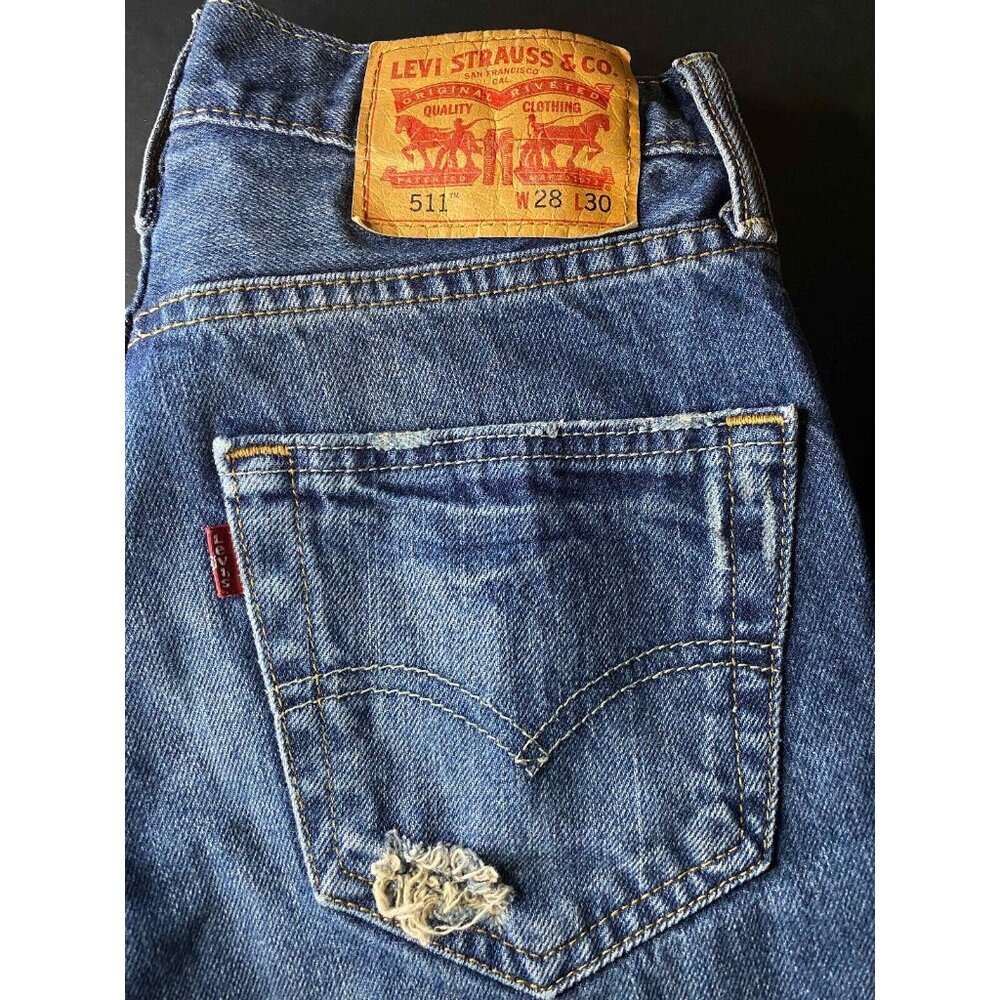 Levis 511 Straight Blue Distressed Mens 28x30 Denim Jeans Pants Y2K